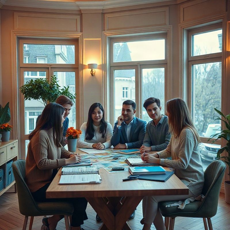 Equipo de agencia de viajes reunido en torno a una mesa de madera con mapas