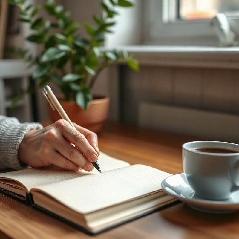 Manos escribiendo en un cuaderno crema junto a una taza de café