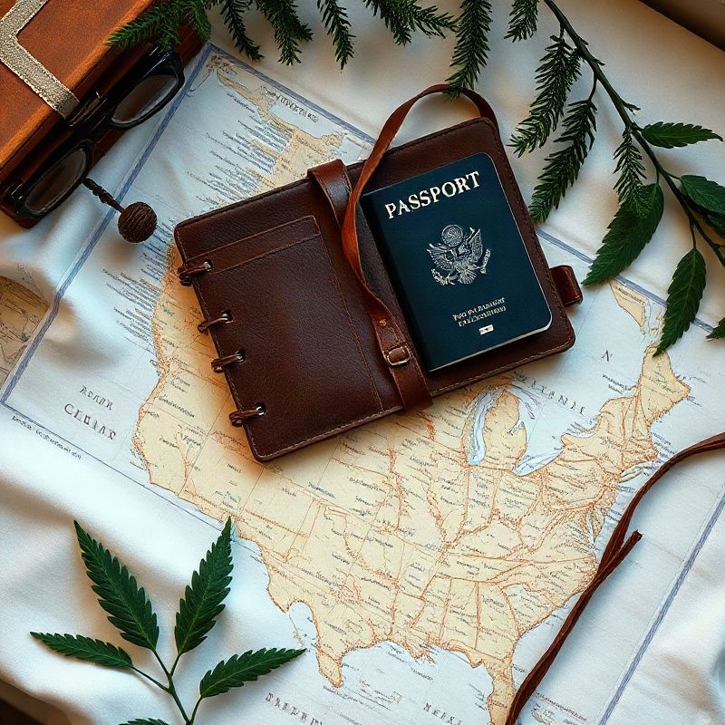 Cuaderno de viaje, pasaporte y mapa sobre superficie de lino crema